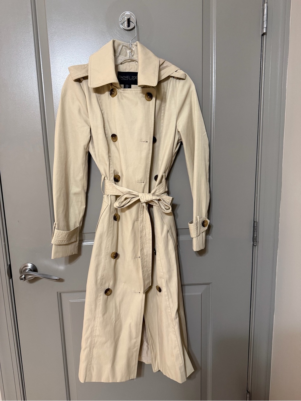 Rachel Zoe Light Cream Double-Breasted Trench Coat with Tie Waist